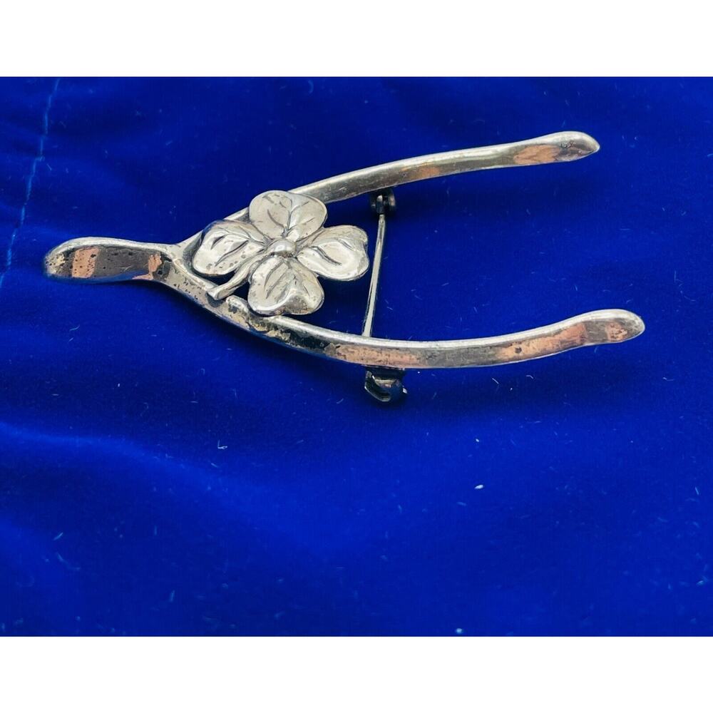 Vintage Sterling Silver Wishbone Brooch 4 Leaf Clover Repousse Pin Good Luck - Picture 3 of 8